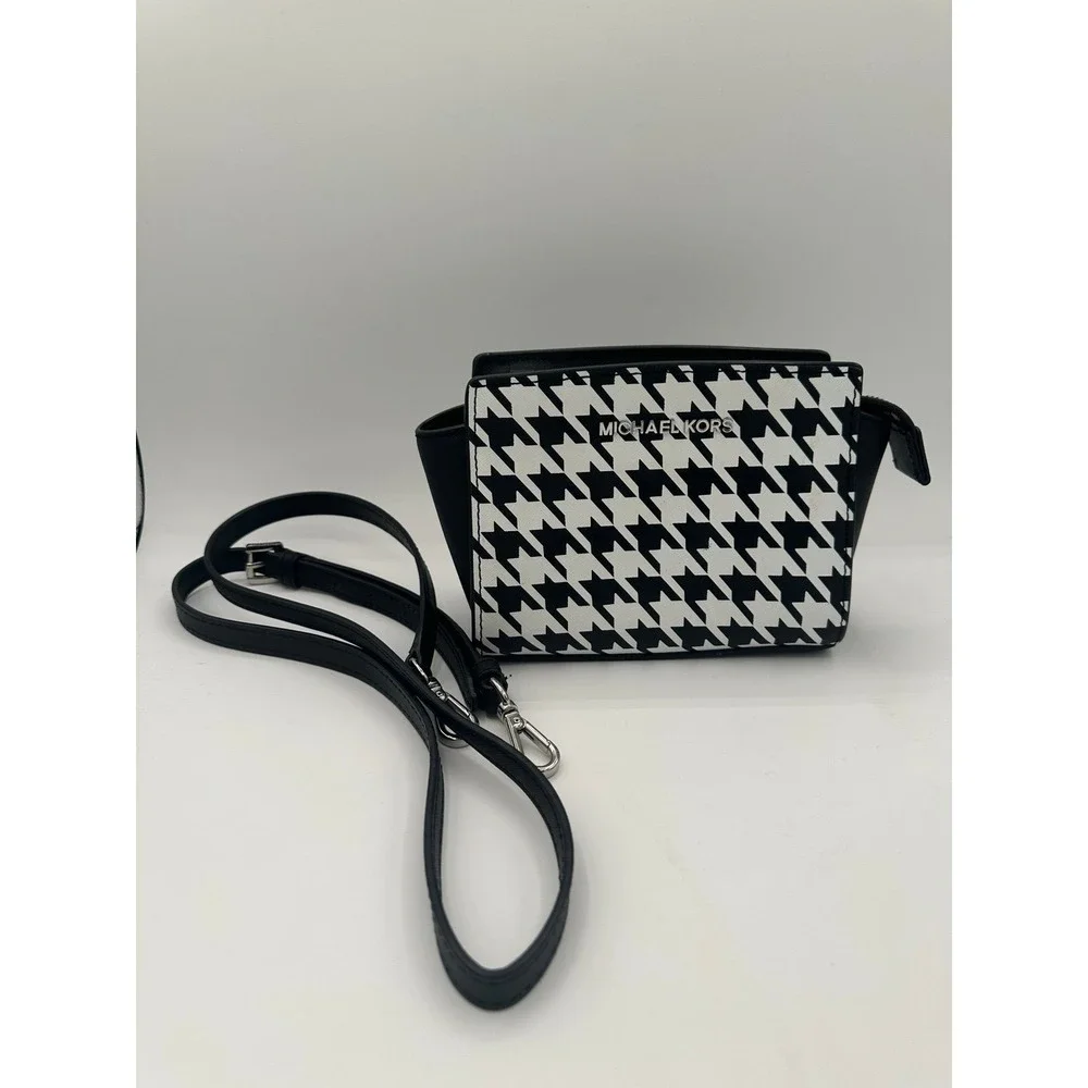 Michael‎ Kors Selma Black and White Leather Crossbody Bag Houndstooth